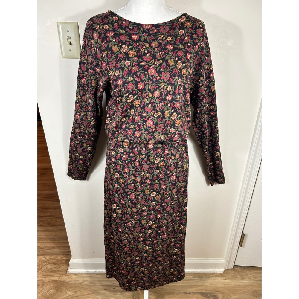 VTG 90s J.Crew Midi Dress Womens M Black Floral Cotton L/S Elastic Waist Cottage